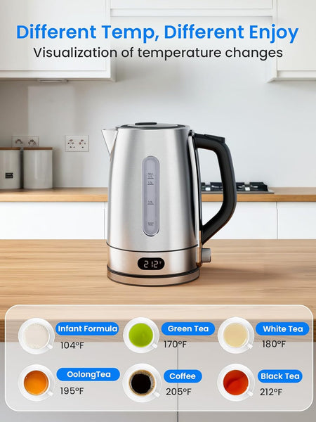 Electric kettle on a kitchen counter with temperature settings displayed.