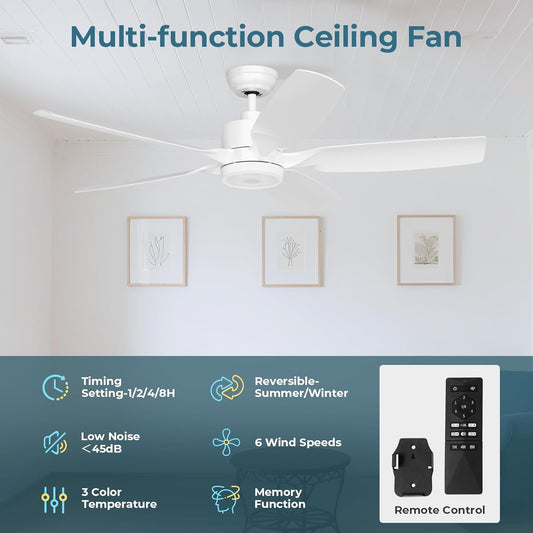 52" Downrod Mount Ceiling Fan with Light & Remote – 6-Speed Reversible DC Motor, 3-Color Dimmable LED for Indoor/Covered Outdoor, White