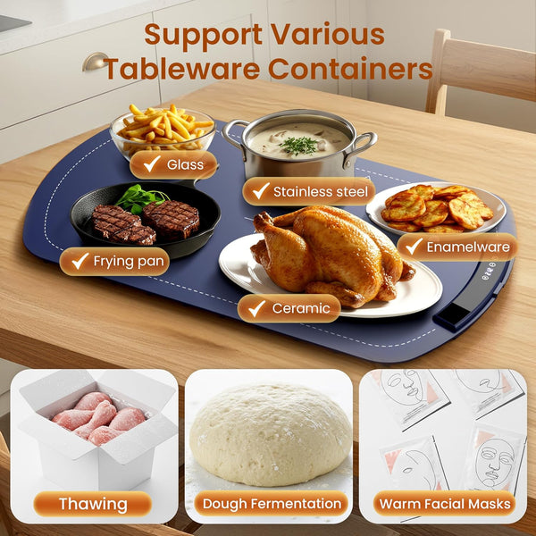 Placemat with various tableware containers and food items on a wooden table.