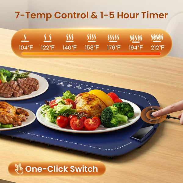 Temperature control mat with food on a wooden table, showing temperature settings and one-click switch.