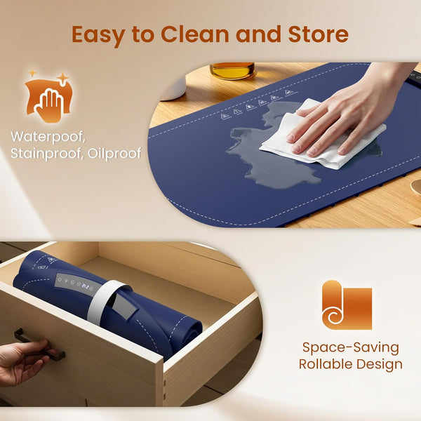 Blue mat being cleaned with a cloth and rolled up in a drawer, emphasizing ease of cleaning and storage.