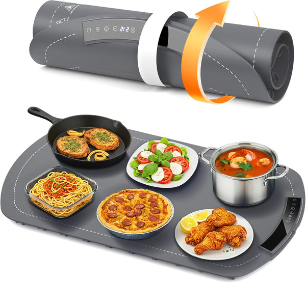 Multifunctional cooking mat with food items on a white background