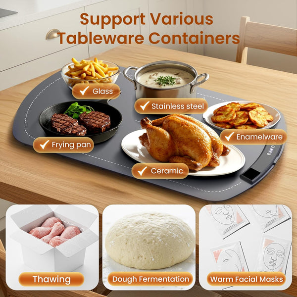 Table mat with various food items and text indicating its versatility for different tableware containers.