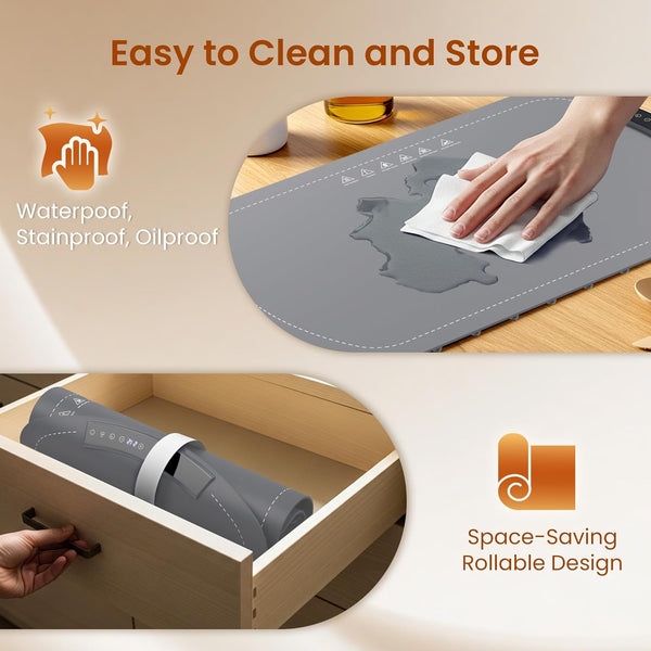 Gray mat being wiped and rolled up, with text about its features.