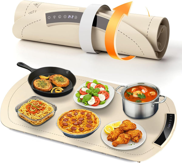 Portable electric heating mat with food items on a white background