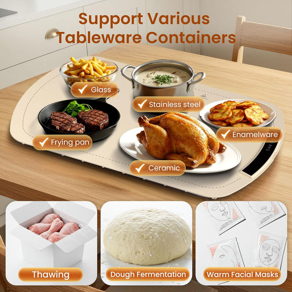 Heat-resistant mat with food items on a wooden table, showcasing its versatility.