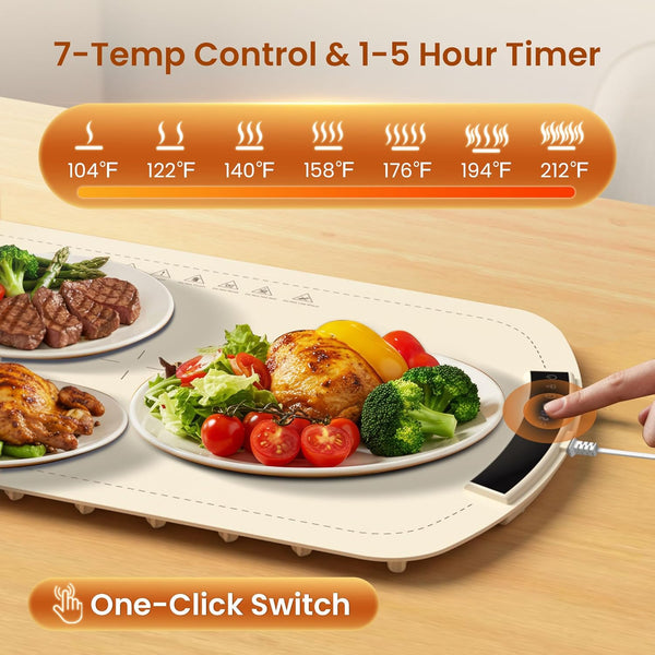Food warming mat with temperature control display and one-click switch on a wooden surface.