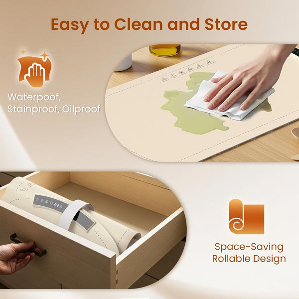 Product with text 'Easy to Clean and Store' featuring a hand wiping a surface and a roll of paper towels being stored.