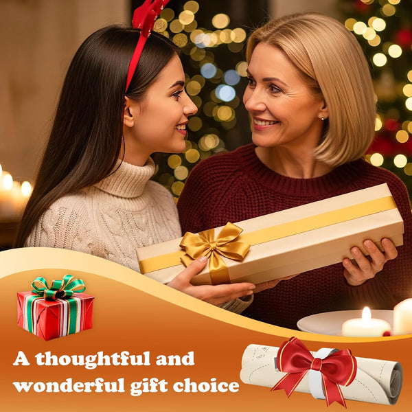 Two women holding a large gift box with a gold bow against a festive background.