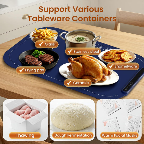 Heat-resistant mat on a kitchen table with various food items and text indicating its uses.