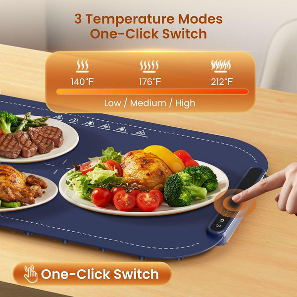 Heating mat with food on a table, showing temperature settings and one-click switch feature.