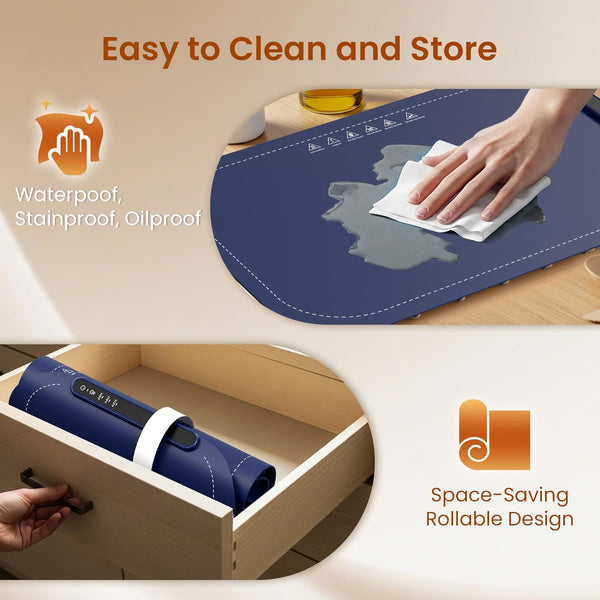 Rollable mat being cleaned and stored, with text highlighting its features.