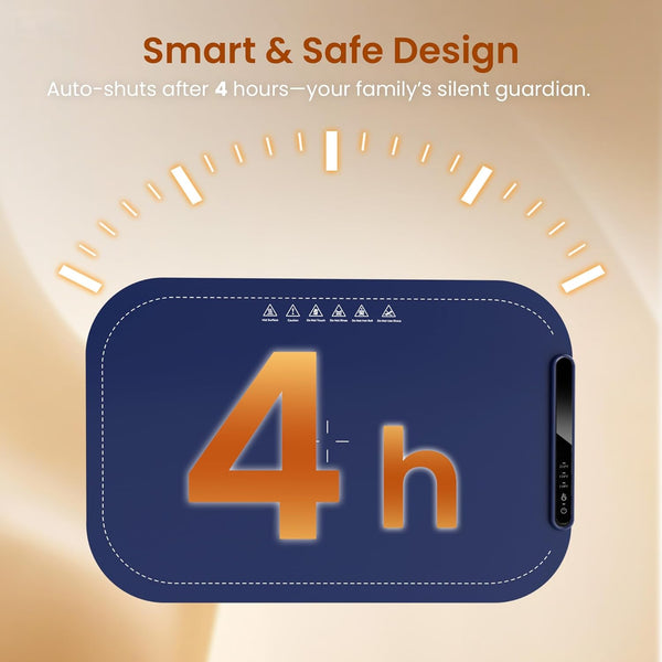 Product with a blue and orange design, featuring text about a 4-hour auto-shutdown feature.