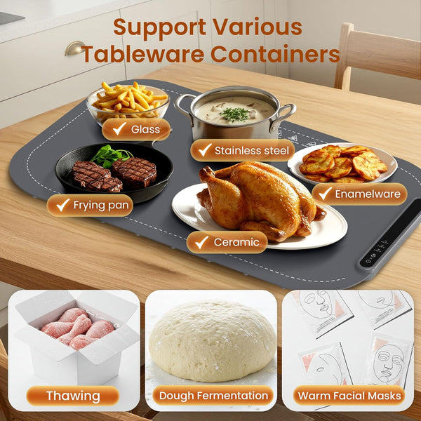 Heat mat on a kitchen counter with various food items and text indicating its uses.
