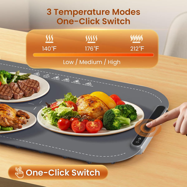 Heating mat with food on plates and temperature control panel on a wooden surface.