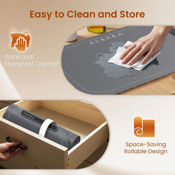 Gray mat being cleaned with a cloth, shown rolled up and stored in a cabinet.