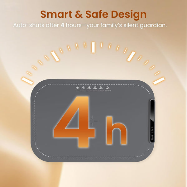 Product with '4 h' display and text about smart and safe design on a beige background