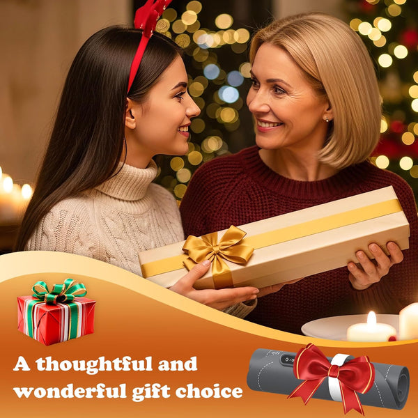 Two women exchanging a gift with festive lights and decorations in the background