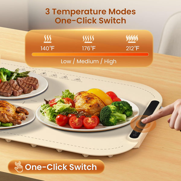 Food warming mat with temperature control display on a table