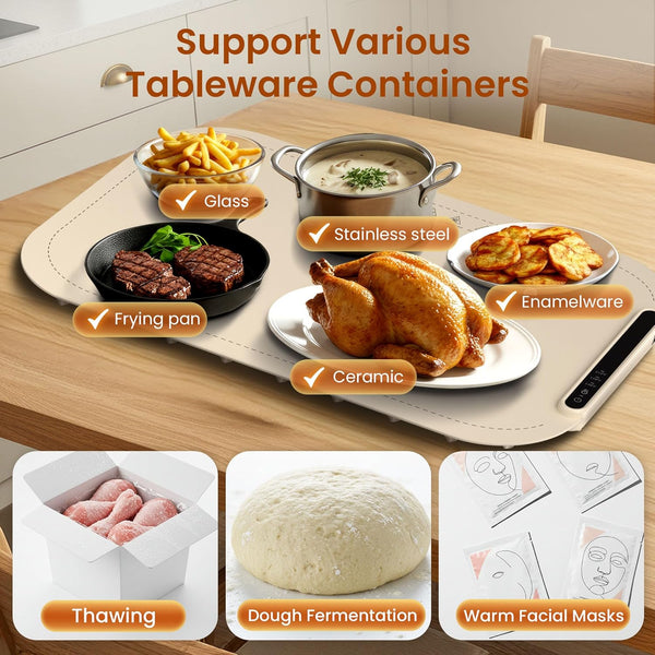 Tabletop mat with various food items and text indicating its versatility for different tableware containers.