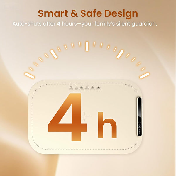 Product with a timer display showing '4h' on a beige background, emphasizing smart and safe design.