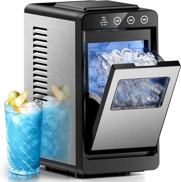 Ice maker with ice being dispensed into a glass.