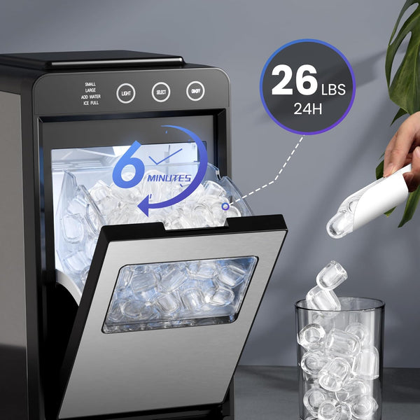 Ice maker with ice being dispensed into a glass, showing ice production capacity.
