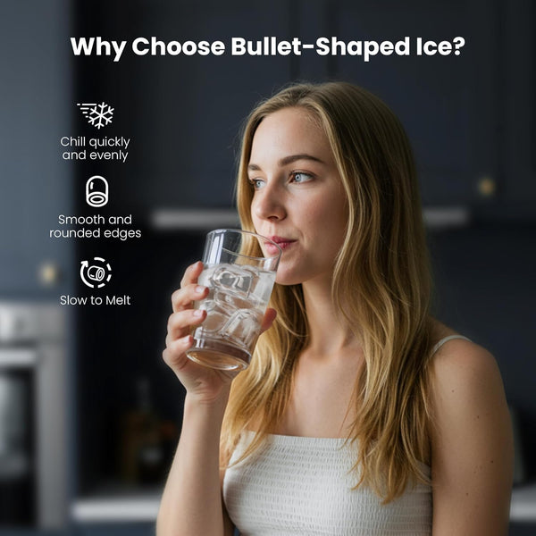 Woman drinking from a glass with text explaining benefits of bullet-shaped ice.