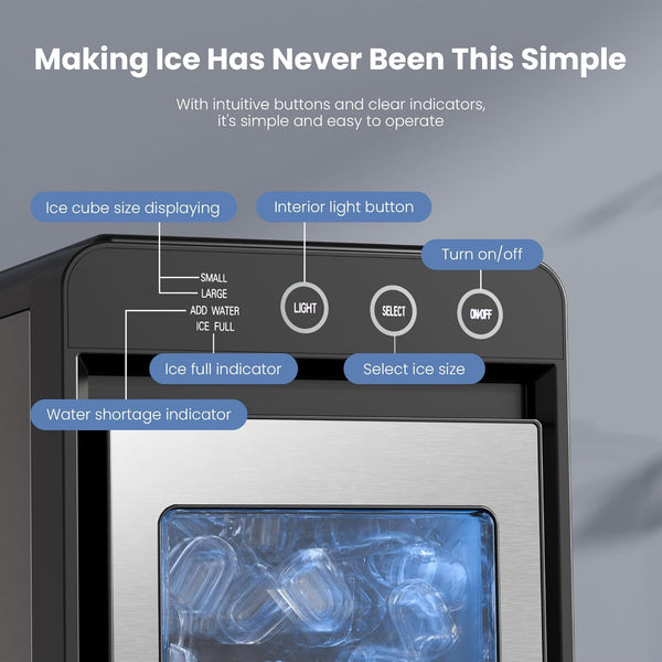 Ice maker with labeled buttons and indicators on a gray background