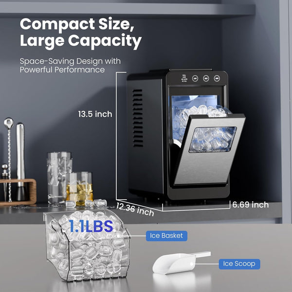 Compact ice maker with ice basket and scoop on a counter, highlighting size and capacity.