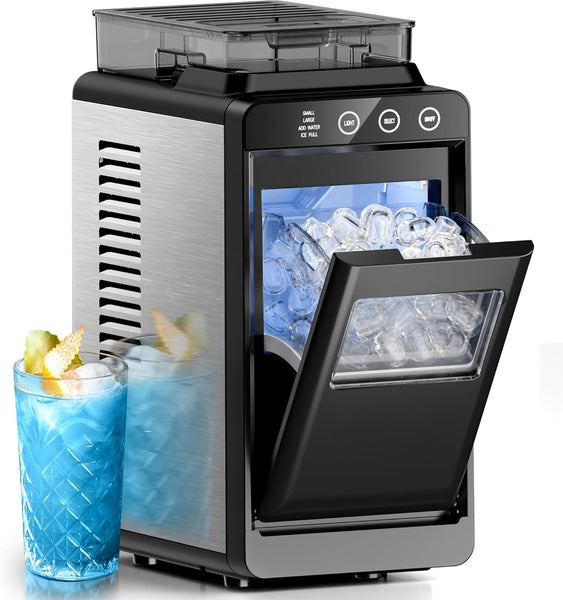 Portable ice maker with a glass of blue cocktail and lime garnish on a white background
