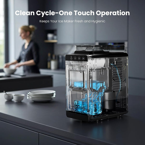 Ice maker on a kitchen counter with text about clean cycle operation