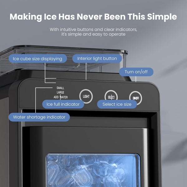 Ice maker with labeled buttons and indicators on a gray background