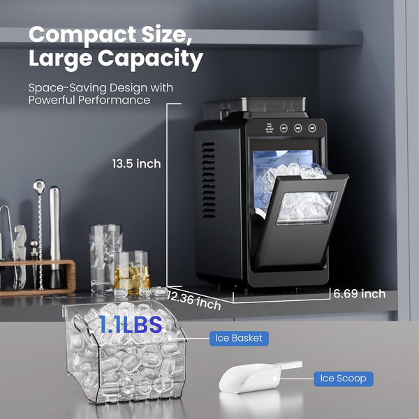 Compact ice maker with ice basket and scoop on a kitchen counter, highlighting size and capacity.