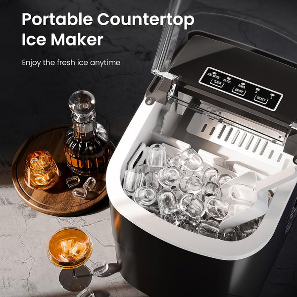 Portable countertop ice maker with ice cubes and drinks on a dark surface