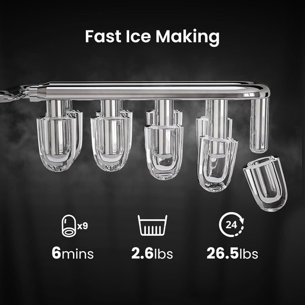 Ice maker with features highlighted on a dark background