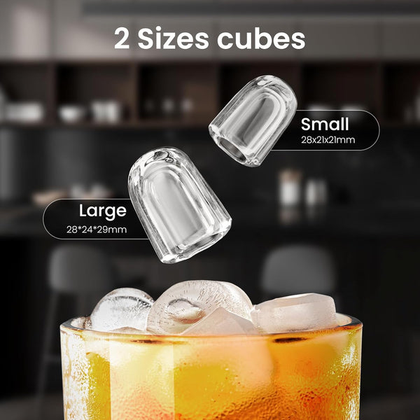 Clear silicone ice cube trays with sizes labeled above a glass of iced drink.