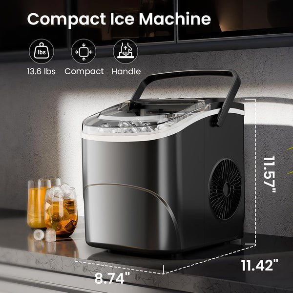 Compact ice machine on a countertop with dimensions displayed