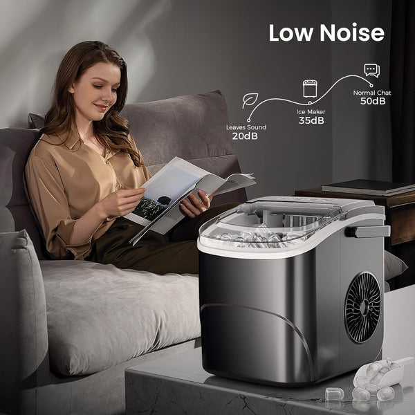 Woman reading a book next to a small ice maker with noise level indicators.