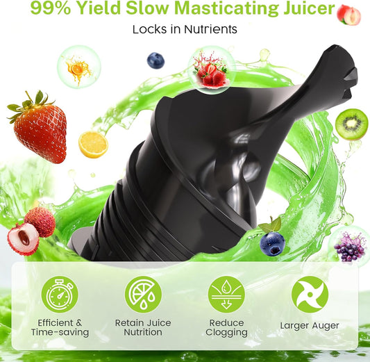 Black juicer with fruits and vegetables on a green background
