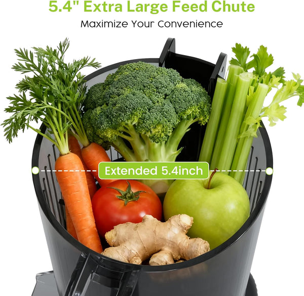 Black feed chute with vegetables and text highlighting its size and convenience