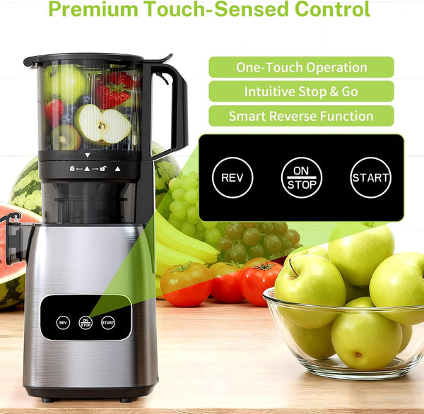 Blender with fruits and vegetables on a wooden surface, highlighting features like touch-sensed control.