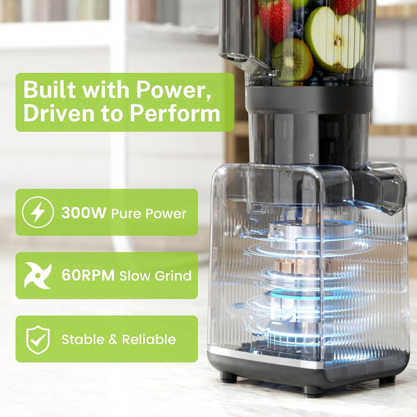 Juicer with fruits, features highlighted on a white background
