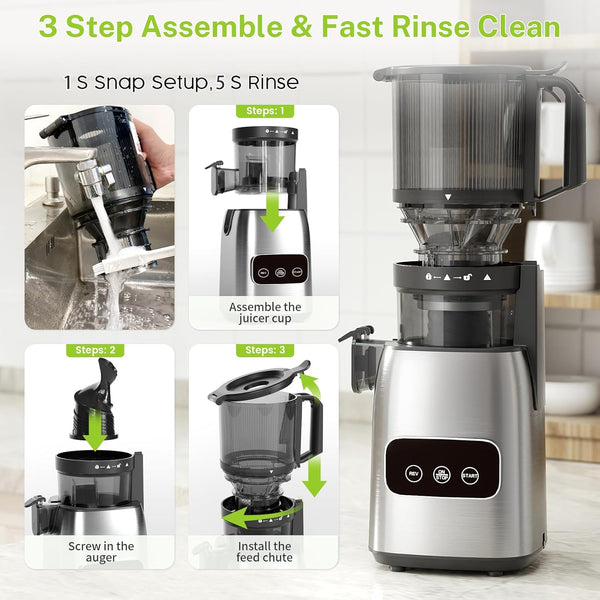 Stainless steel juicer with assembly steps and fast rinse clean feature on a white background