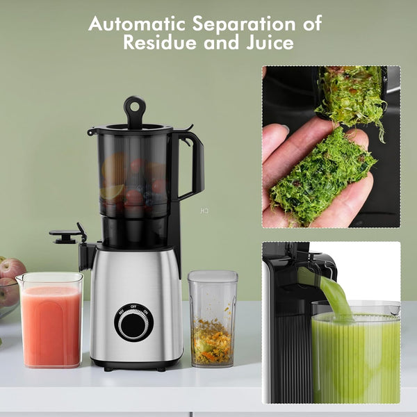 Blender with automatic residue and juice separation feature, shown with a green smoothie and a hand holding green waste.