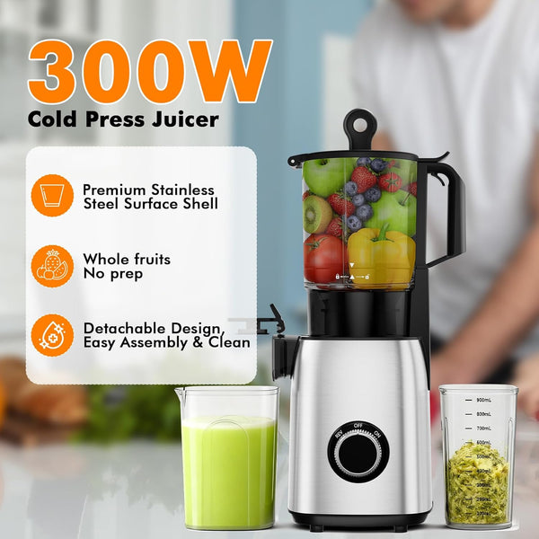 300W cold press juicer with fruits, juice, and assembly features on a blurred background