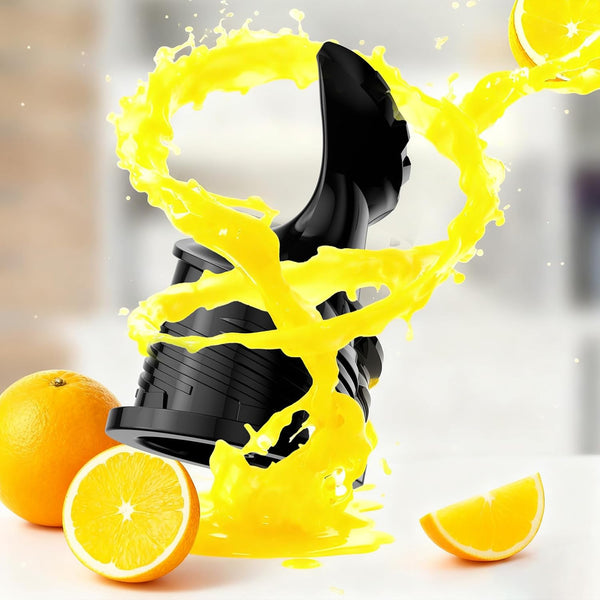 Black lemon squeezer with yellow juice splash and oranges on a light background