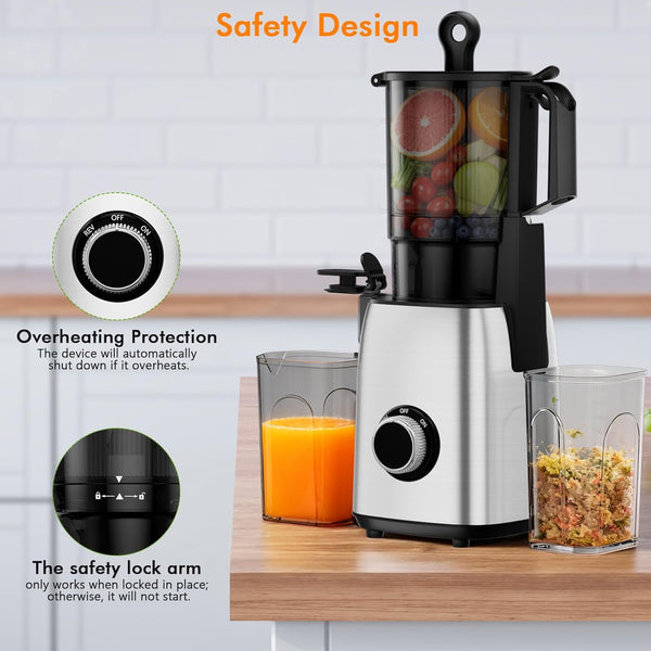 Juicer with safety design features on a wooden surface