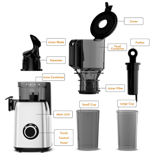 Juicer with labeled parts on a white background
