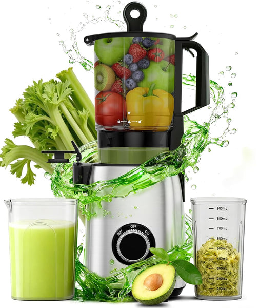 Juicer with fruits, vegetables, and a glass of juice on a white background